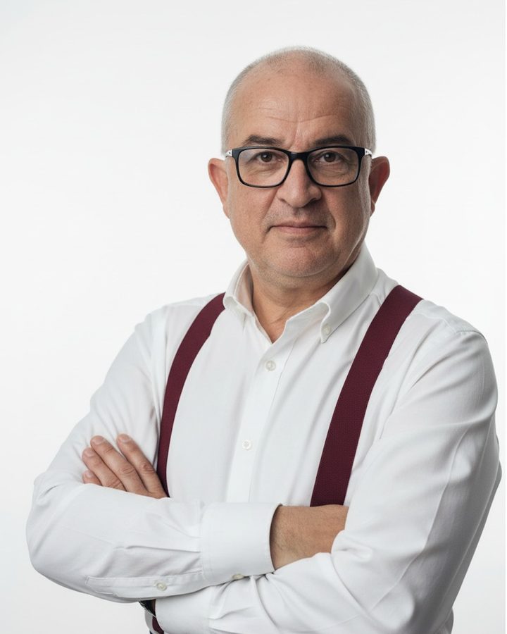 Portrait d'Olivier Leloustre, chemise blanche et bretelles, bras croisés